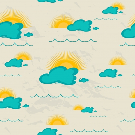 Seamless pattern with sea, sun and clouds.のイラスト素材