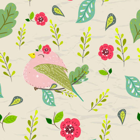 Seamless pastel pattern of birds with floral elements on crumpled paper background. Vector illustrationのイラスト素材