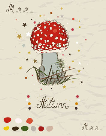Vintage poster with mushroom from my autumn collection of posters and seamless textures. Vector illustrationのイラスト素材