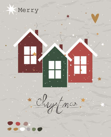 Vintage Christmas poster from New Collection. Cozy houses Scandinavian style.のイラスト素材