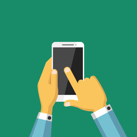 Hand holing white smartphone, touching blank screen. Digital flat illustrationのイラスト素材