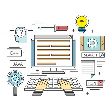 Thin line concept with flat business iconsのイラスト素材