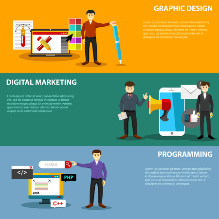 Flat design banners concept with people and iconsのイラスト素材