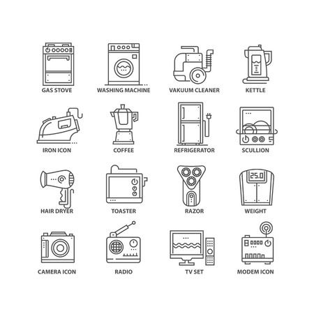 Thin line home appliances isolated black iconsのイラスト素材