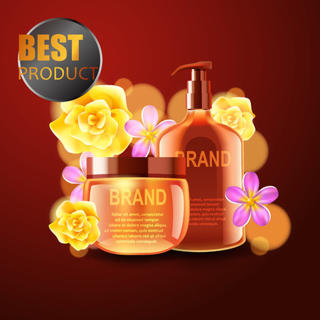 Vector realistic cosmetic bottles with natural elements.のイラスト素材