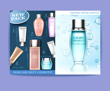 Colorful cosmetic product magazine template on a purple backgroundのイラスト素材