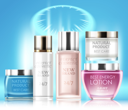Vector realistic illustration, set of cosmetic bottles and tubes for best careのイラスト素材