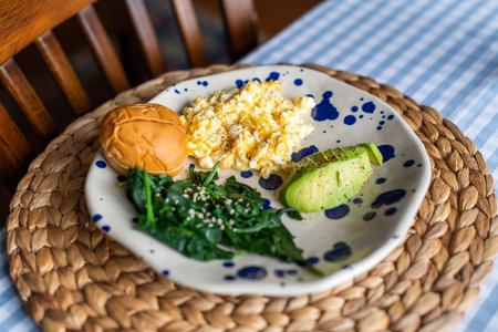breakfast plate of scrambled eggs, sliced avocado and small sandwich bread.