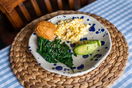 breakfast plate of scrambled eggs, sliced avocado and small sandwich bread.の写真素材