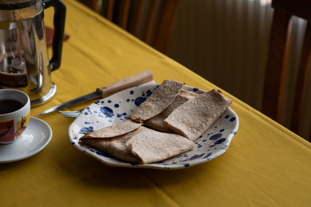 wholewheat breakfast tortilla, stuffed with ham, cheese and eggs