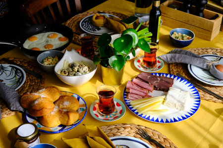 Easter breakfast. Cosy home environment. Warm breakfast table.