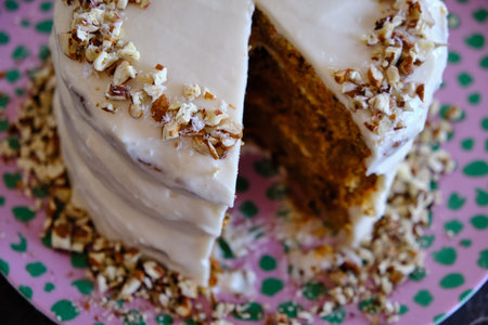Homemade healthy carrot cake, white frosting, delicious cake, cake slice