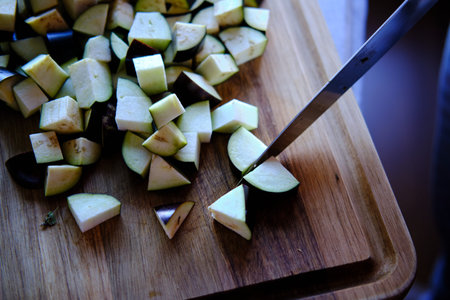 Chopped eggplant on a cutting boardの写真素材