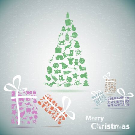 Merry Christmas tree with gifts in snow  illustrationのイラスト素材