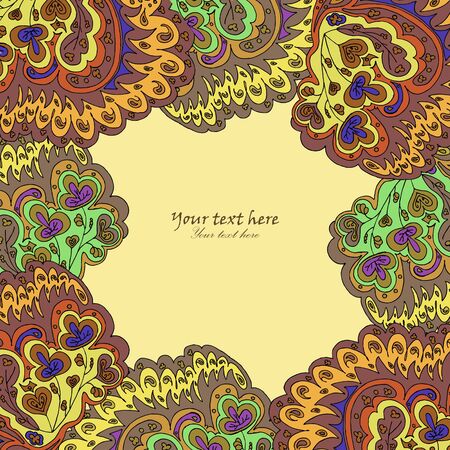 Decorative ornamental frame with bright floral elements.Original frame template, background design. Hand drawn frame with colorful doodling elementsのイラスト素材