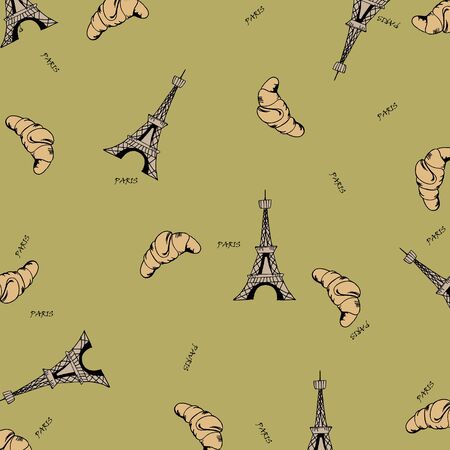 Paris seamless pattern with eiffel tower and croissant. Can be used for wallpaper, pattern fills, web page background,surface textures, fabric.のイラスト素材