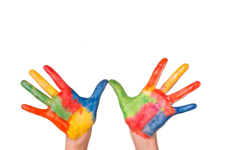 Hand Painted Child, colorful fun.Creative, funny and artistic means happy.Isolated on white.の写真素材