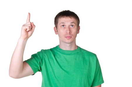 Happy man Has an idea portrait on white backgroundの写真素材