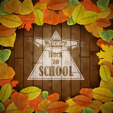 Back to school wood board with leaves のイラスト素材