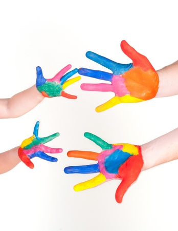 Family painted hand. Isolated on white backgroundの写真素材