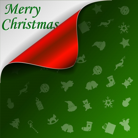 Merry Christmas green background with curled red cornerのイラスト素材