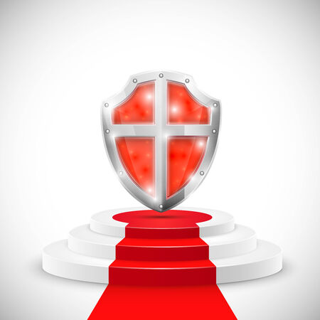 Red Glossy Shield On Pedestal. Vector Illustration.のイラスト素材