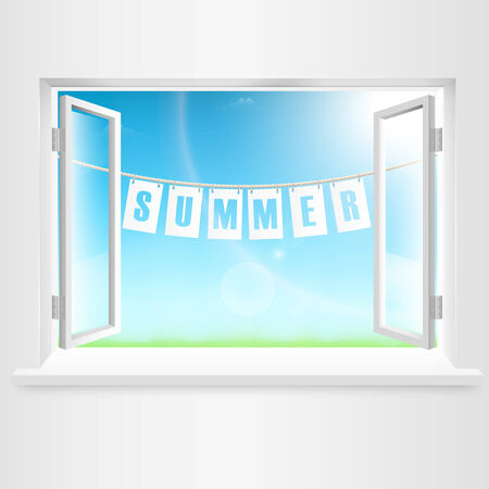 Summer Banner Hanging Out Of Window. Vector Illustration.のイラスト素材