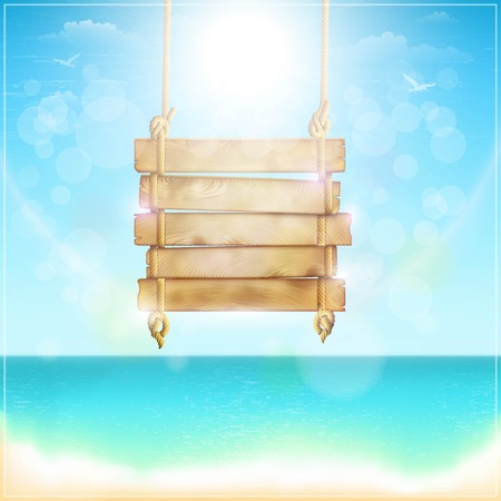 Blank Wooden Sign On a Beach. Vector Illustration.のイラスト素材