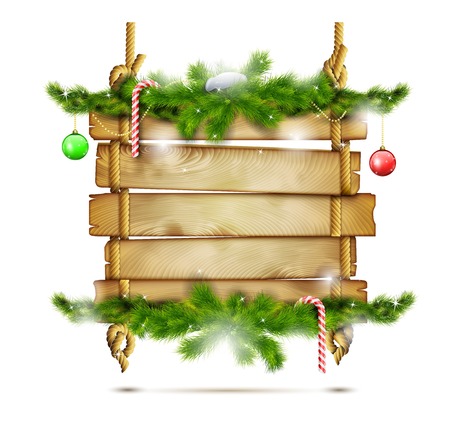 Hanging Christmas Wooden Billboard With Fir Branches  Vector Illustration のイラスト素材