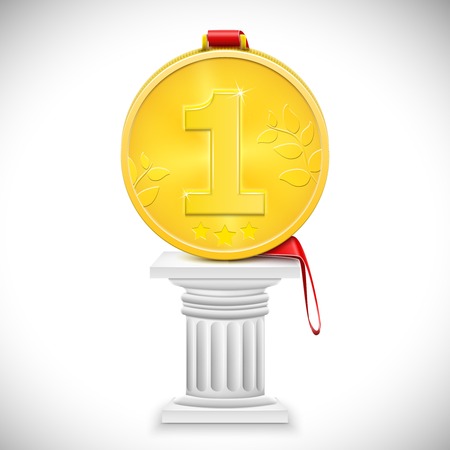 Golden Medal With Ribbon On Column. Vector Illustration.のイラスト素材