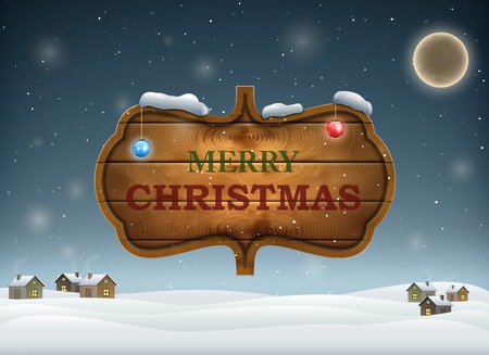 Illustration for Christmas Evening With Wooden Board. Vector Illustration. - Royalty Free Image