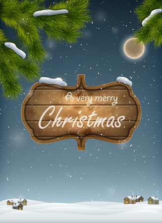 Christmas Landscape With Wooden Boardのイラスト素材