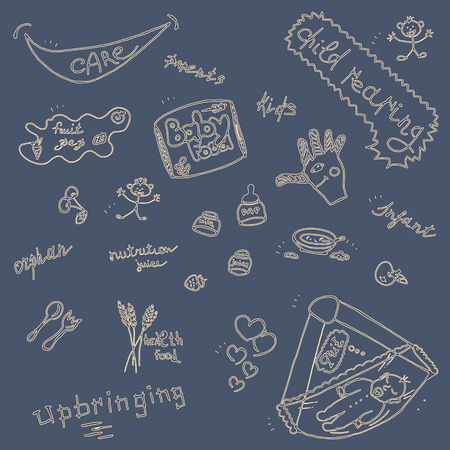 Childcare Doodle Icon Set On Blue.のイラスト素材