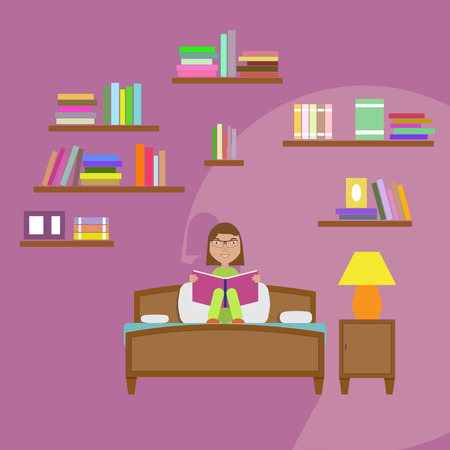 Girl Reading Book Sitting on the Bed.のイラスト素材