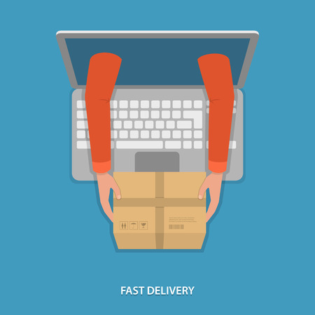 Fast goods delivery vector illustration. Hands of delivery man with parcel appeared from laptop.