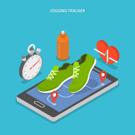 Jogging and running flat isometric concept. Sneakers on smartphones screen and stopwatch, bottle of water and heart near it.のイラスト素材