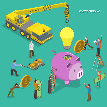 Crowdfunding flat isometric vector conceptual illustration. People are putting money to piggy bank and placing bulb on it.のイラスト素材