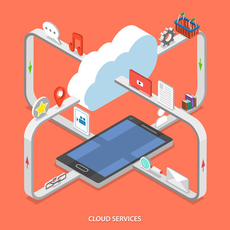 Cloud services flat isometric vector concept. Web content moving process between cloud services and mobile device.のイラスト素材