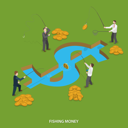 Fishing money flat isometric vector concept. Businessmen are fishing money in water body that looks like dollar sign.のイラスト素材