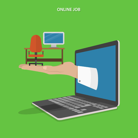 Online job searching flat vector concept. Hand with office table, chair and computer appeared from laptop screen.のイラスト素材