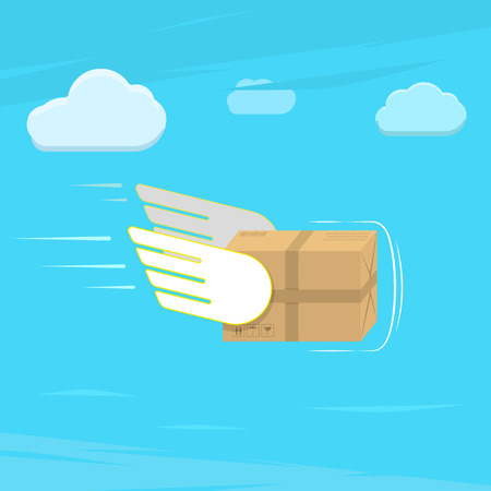Fast delivery service flat vector illustration. Parcel with wings flies in sky among clouds.のイラスト素材