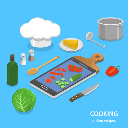 Online recipes flat isometric vector concept. Smartphone like a part of cutting board.のイラスト素材