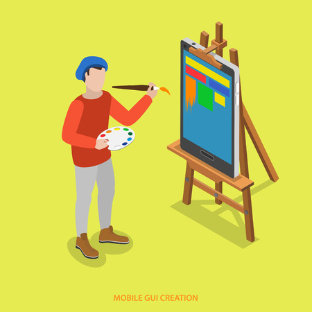 Mobile GUI creation flat isometric vector concept. A painter paints  just on smartphone which stands on easel.のイラスト素材