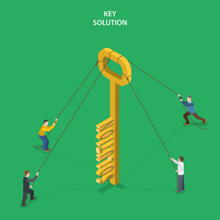 Key solution isometric flat vector concept. People are holding fixed the key with word SOLUTION on it.のイラスト素材