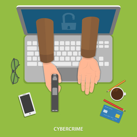 Cybercrime flat vector concept. Hands of robber with gun appeard from laptops screen.のイラスト素材