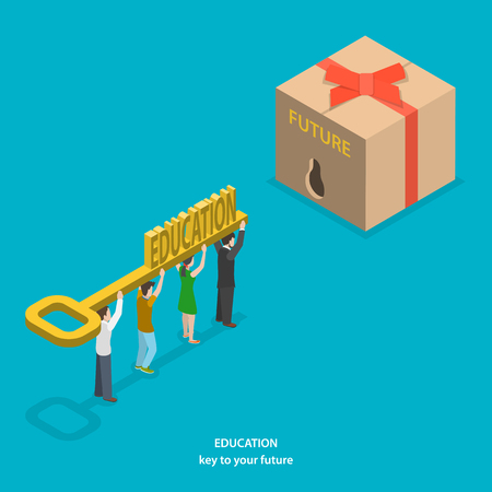 People carrying big key with label education to unlock box with future labelのイラスト素材