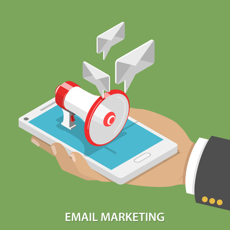 Email Marketing Flat Isometric Vector Concept. Mans hand takes a smartphone with megaphone and soaring e-mails like speech bubble on it.のイラスト素材