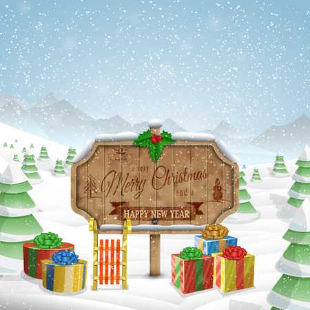 Christmas greeting board vector illustration.  Merry Christmas greetings on wooden board, gifts and sleigh against the background of snowed up forest, and mountains.のイラスト素材