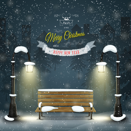 Christmas city landscape with greeting vector illustration. Merry Christmas and Happy New Year greetings against the background of snowed up park with bench and and lampposts.のイラスト素材