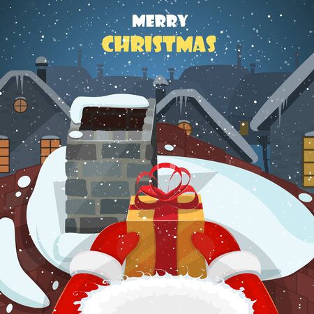 Merry Christmas postcard vector illustration. Santa on the houses roof puts gift into the chimney.のイラスト素材